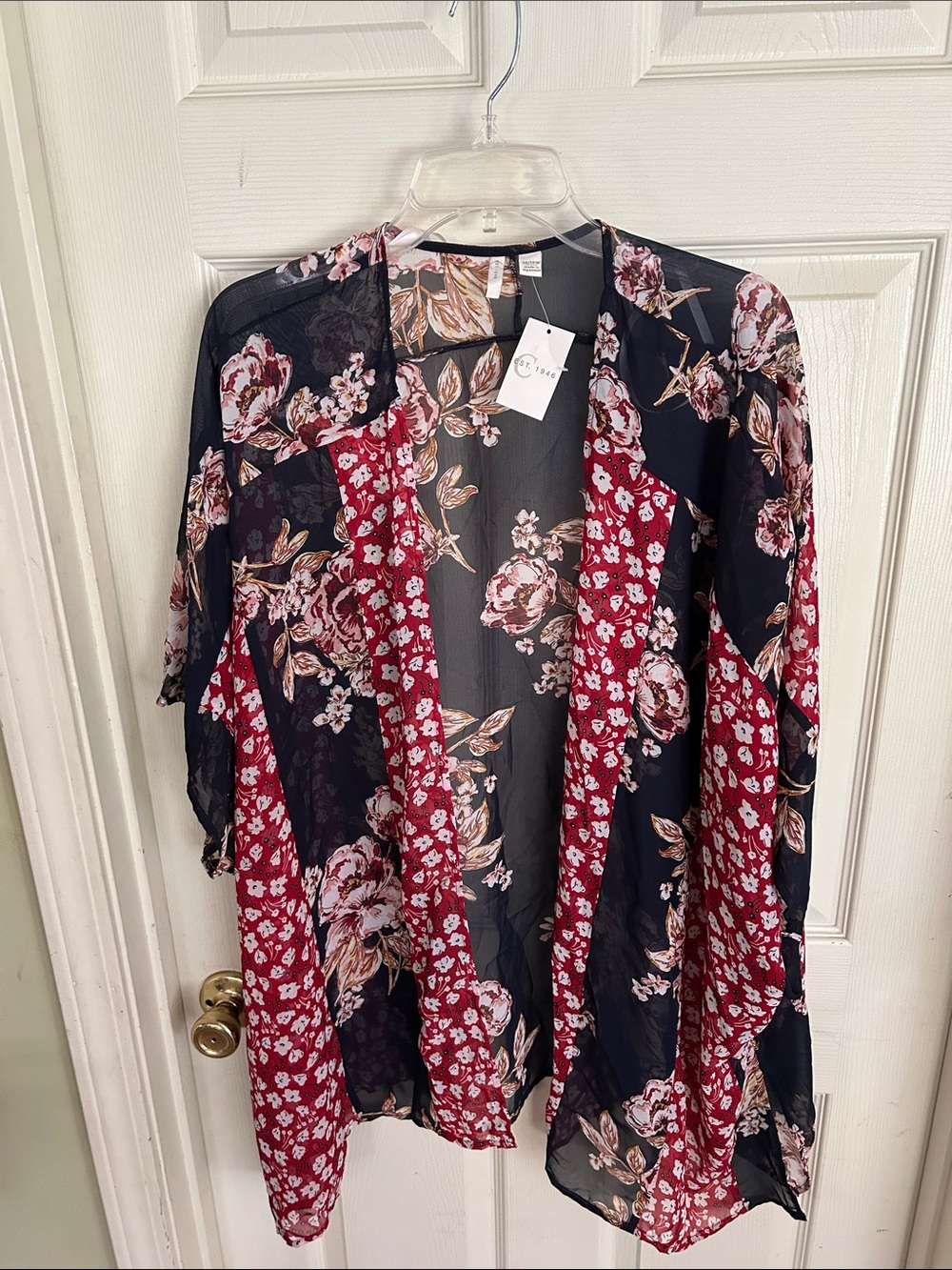 Floral Patchwork Kimono Cardigan - Black & Burgundy